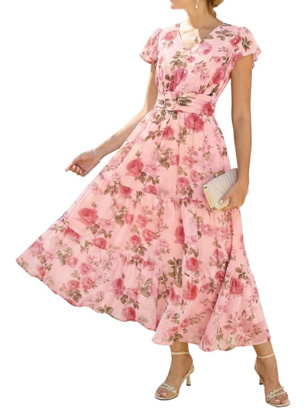 Women's Grayish-pink With Pink Rose Short Sleeve Floral Formal Flow Maxi Dress
